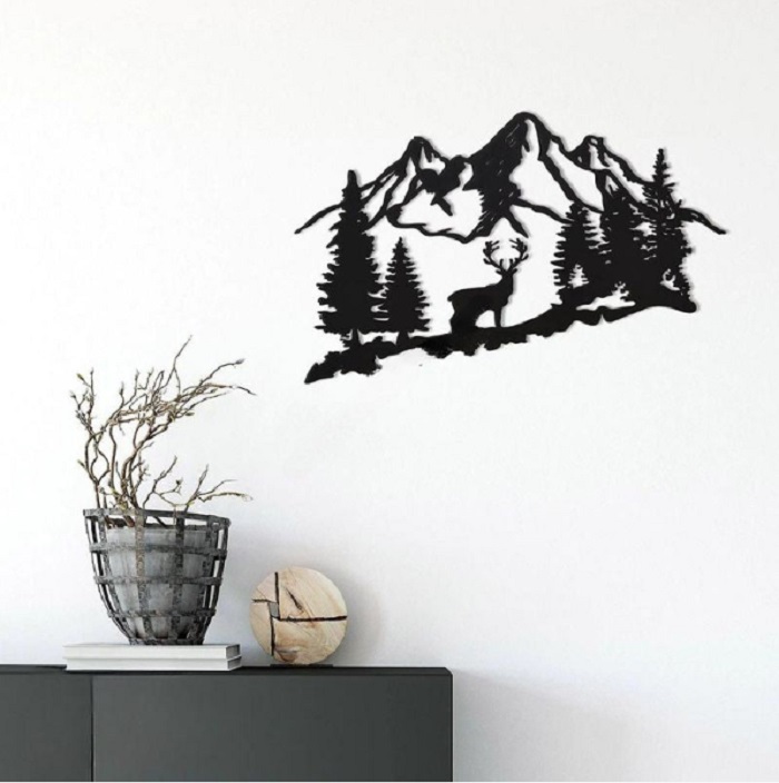 Accessoire déco murale cerf montagnes en métal noir