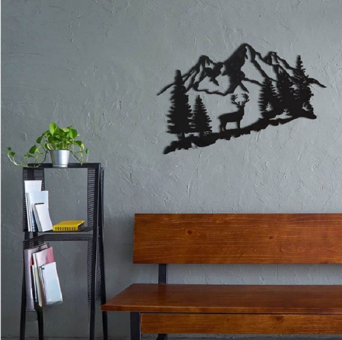 Élément décoratif mural cerf forestier en métal noir