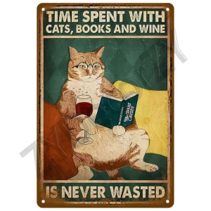 Plaque décorative murale Time Spent With Cats, Books And Wine