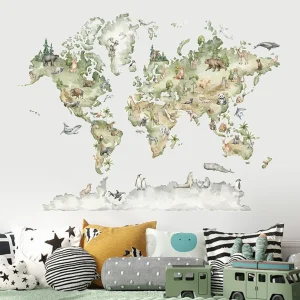 décoration murale carte du monde animaux